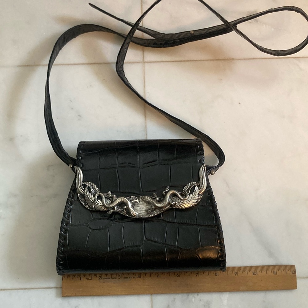 Black Crocodile Embossed Shoulder Bag with Silver Accent